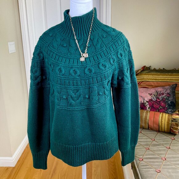 Banana Republic Sweater Cotton Wool Deep Green Tonal Fair Isle Mock Neck 2022 (M - Picture 1 of 7
